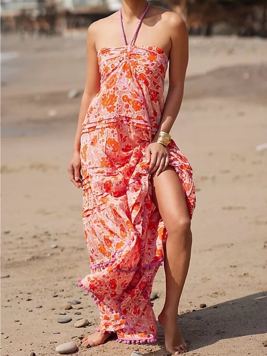 Anthropologie Dresses & Skirts - Ro's Garden Anthropologie Denise Halter Maxi Dress Pom Pom Pink Orange Floral M
